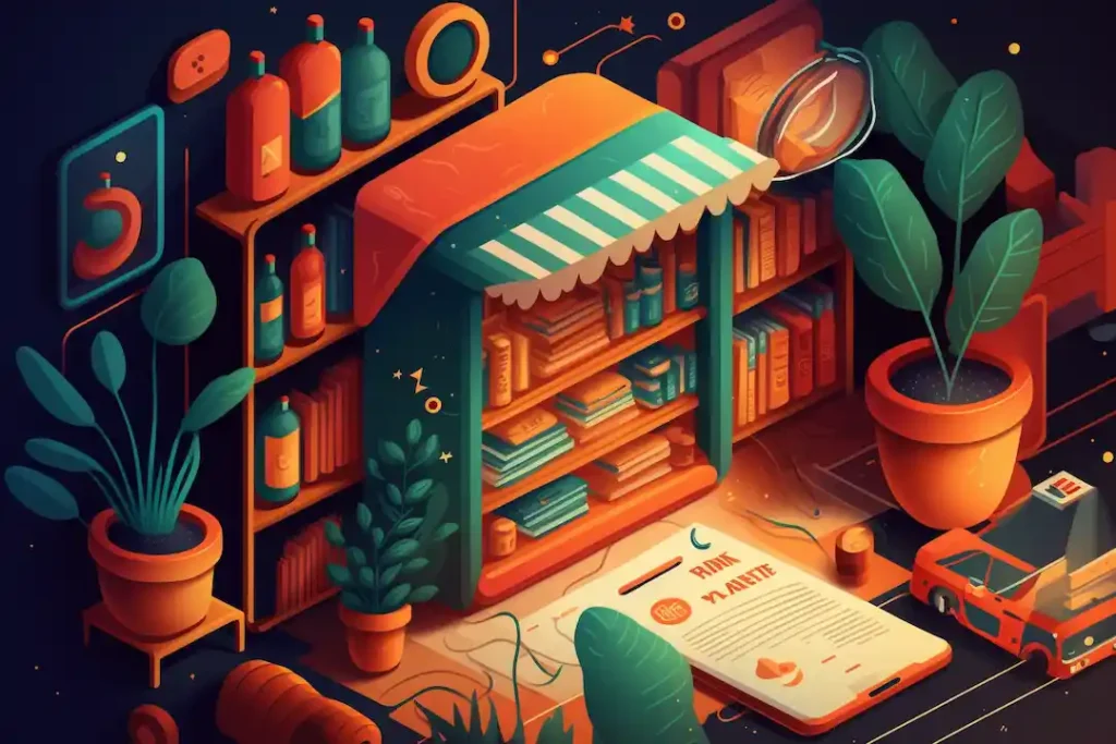 15 dicas para escolher o melhor marketplace para sua loja 1 Ilustração decorativa de um marketplace ou ecommerce.