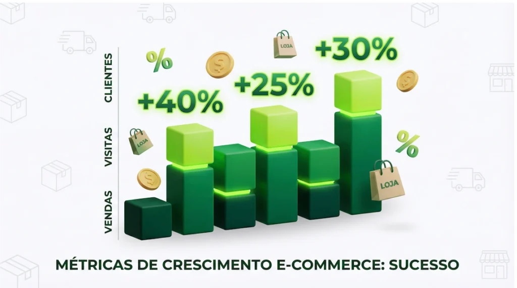 Agente de IA Olist ERP: O Guia Completo para Automatizar e Otimizar seu E-commerce em 2026 3 Gráfico de crescimento de e-commerce mostrando aumentos de 40%, 25% e 30% em vendas, visitas e clientes
