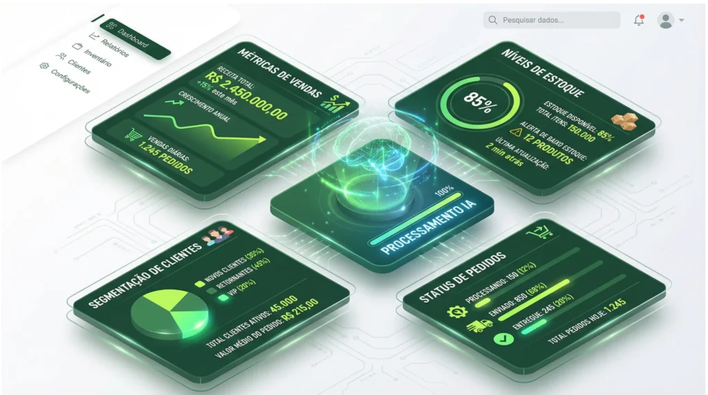 Agente de IA Olist ERP: O Guia Completo para Automatizar e Otimizar seu E-commerce em 2026 1 Dashboard de analytics do Agente de IA Olist mostrando métricas de vendas, estoque, clientes e pedidos em tempo real