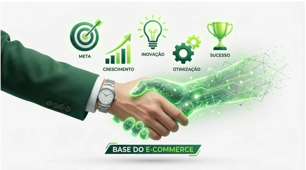 Agente de IA Olist ERP: O Guia Completo para Automatizar e Otimizar seu E-commerce em 2026 5 Parceria estratégica entre IA e consultoria Base do E-commerce representada por aperto de mãos digital e humano