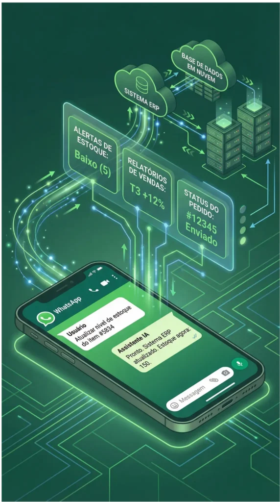 Agente de IA Olist ERP: O Guia Completo para Automatizar e Otimizar seu E-commerce em 2026 4 Integração do Agente de IA Olist com WhatsApp mostrando comando de atualização de estoque via celular