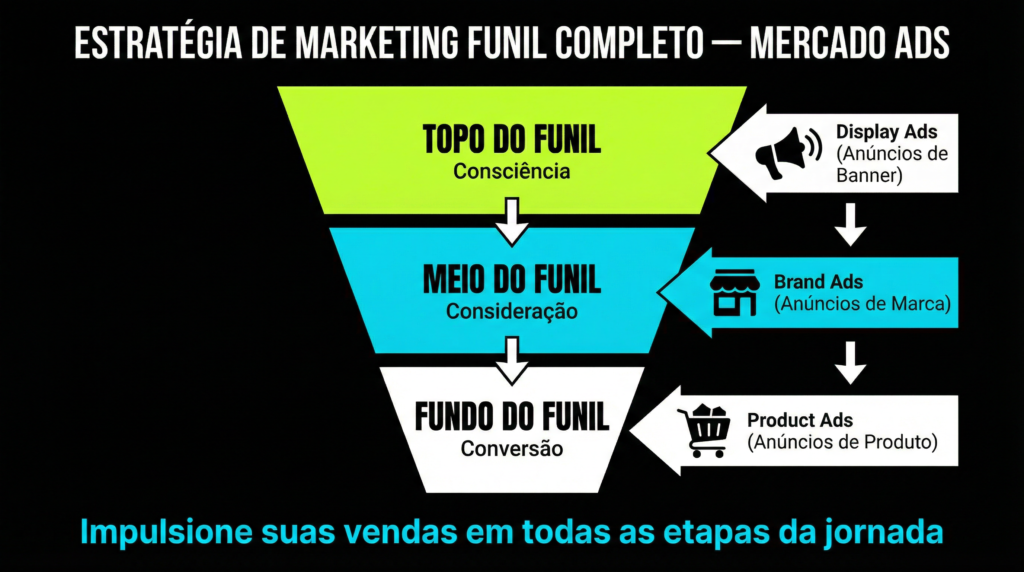 Mercado Ads: O Guia Definitivo para Escalar Vendas em 2026 2 Infográfico da estratégia de funil completo no Mercado Ads com Display Ads, Brand Ads e Product Ads